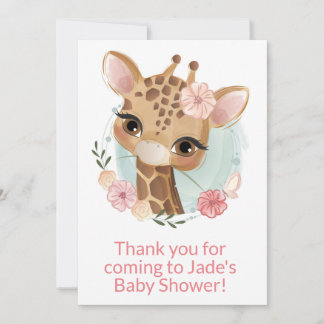 Aquarelle rose Carte de remerciements Giraffe bébé