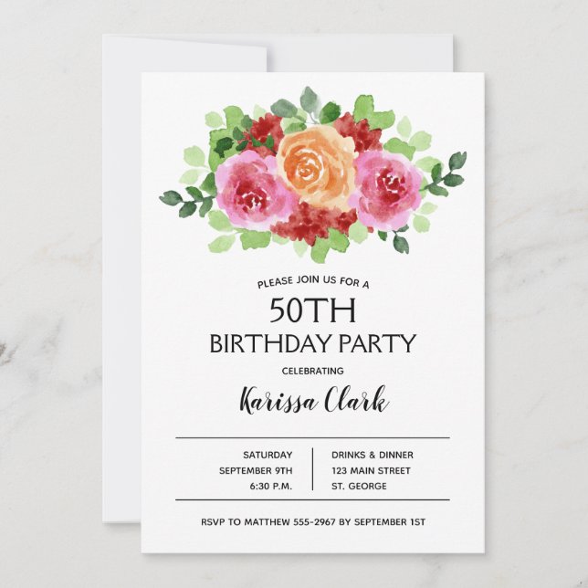 Aquarelle rose chaud Floral Invitations d'annivers (Devant)