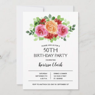 Aquarelle rose chaud Floral Invitations d'annivers