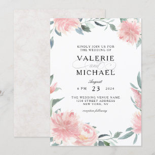 Aquarelle rose ciré Faire-part de mariage florale