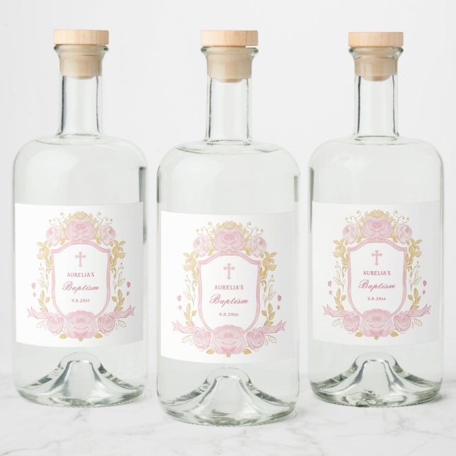 Aquarelle Rose Crest Baptême Liquor Étiquettes (Bouteilles)