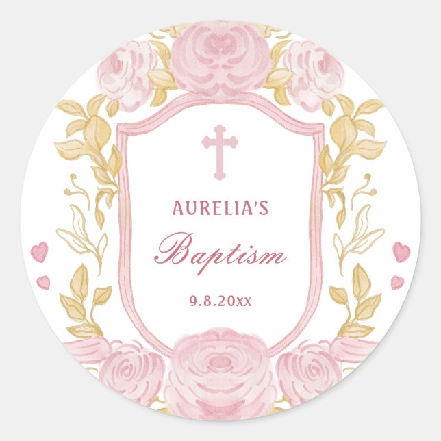 Aquarelle Rose Crest Baptême Petit Sticker (Devant)