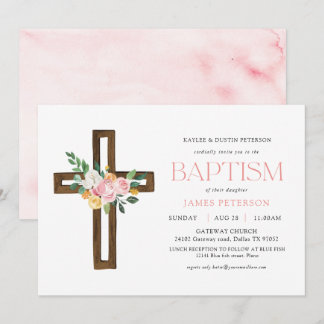 Aquarelle rose Croix Baptême floral Invitation