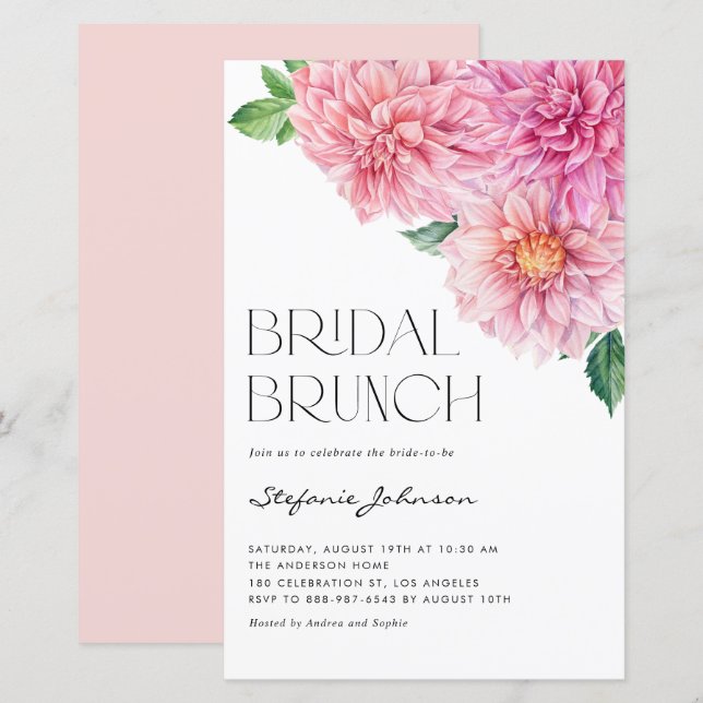 Aquarelle rose Dahlia Bridal Brunch Invitation (Devant / Derrière)