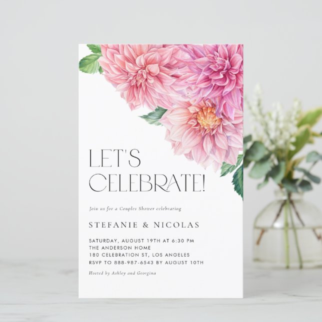 Aquarelle Rose Dahlia Couples Douche Invitation (Debout devant)