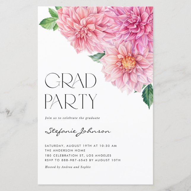 Aquarelle rose Dahlia Graduation Invitation (Devant)