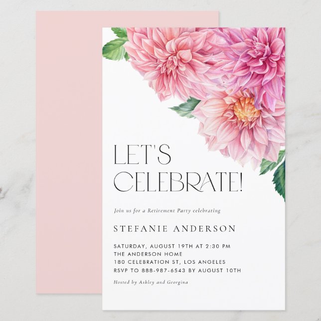 Aquarelle rose Dahlia Retraite Party Invitation (Devant / Derrière)