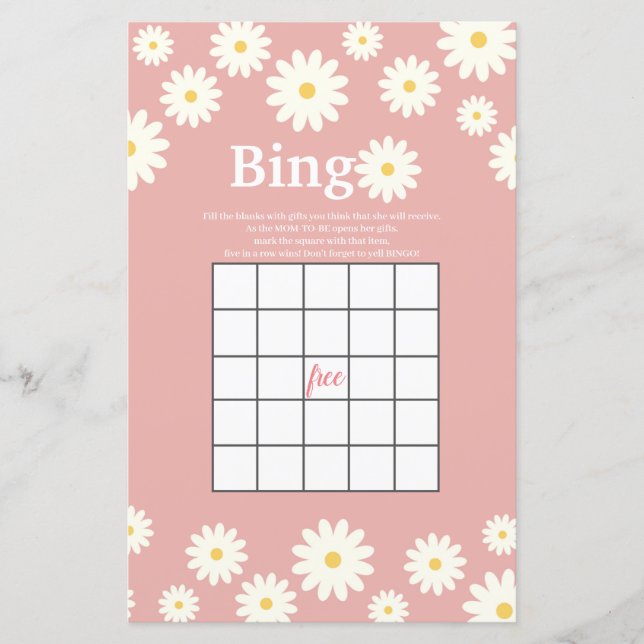 Aquarelle rose et blanc de marguerite Jeu de Bingo (Devant)