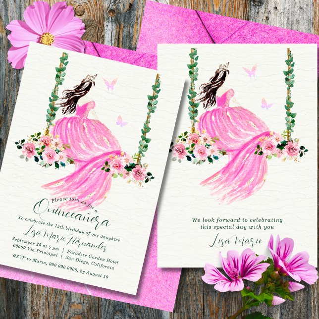 Aquarelle rose et florale Quinceañera Invitation (Créateur téléchargé)