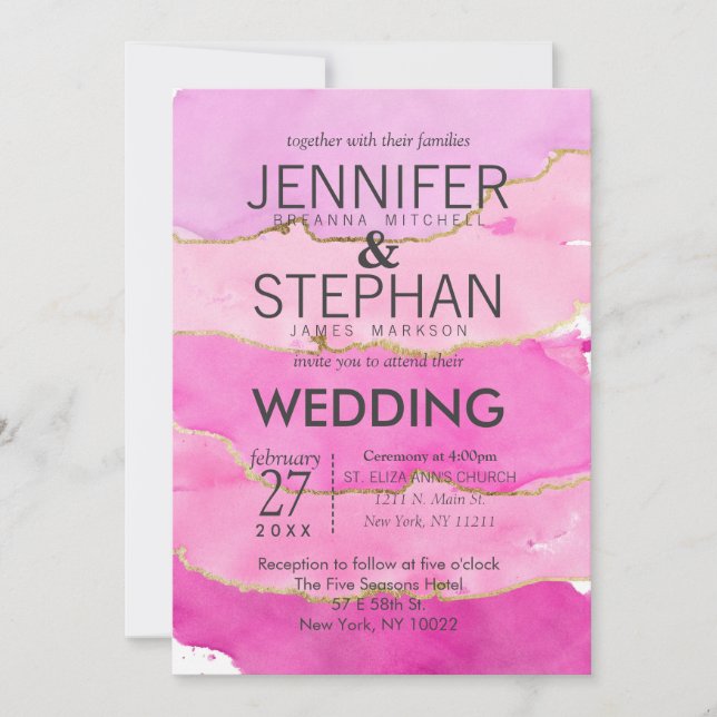 Aquarelle rose et invitation de mariage or (Devant)
