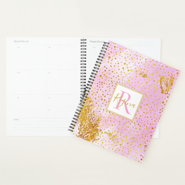 Aquarelle rose et monogramme de confetti or (Devant avec enveloppe)