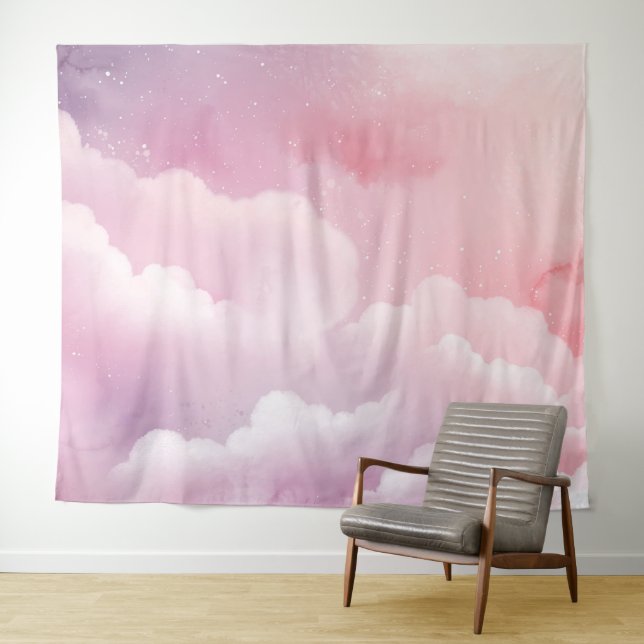 Aquarelle rose et pourpre Nuages Tapisserie (En situation (horizontale))