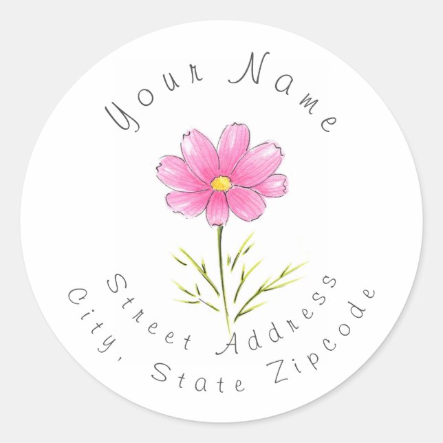 Aquarelle rose et stylo Cosmos Étiquette de adress (Devant)