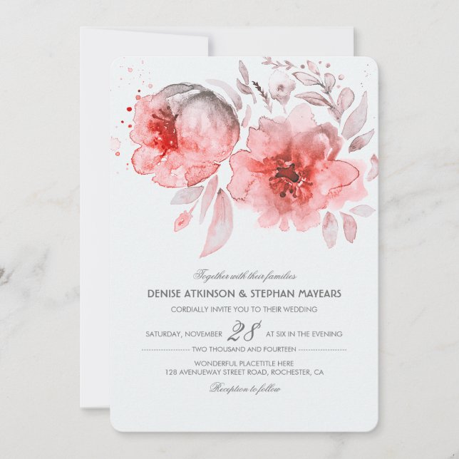 Aquarelle rose Faire-part de mariage (Devant)