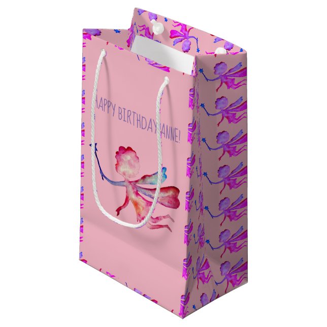 Aquarelle rose Fée Dessin Sac cadeau personnalisé (Devant Angle)