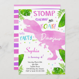 Aquarelle rose Filles Dinosaure Invitation d'anniv