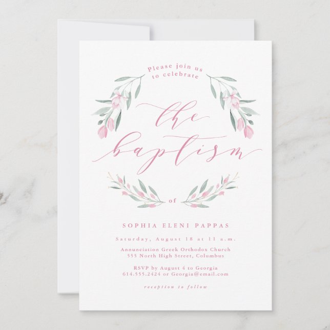 Aquarelle rose fleur fille baptême invitation (Devant)
