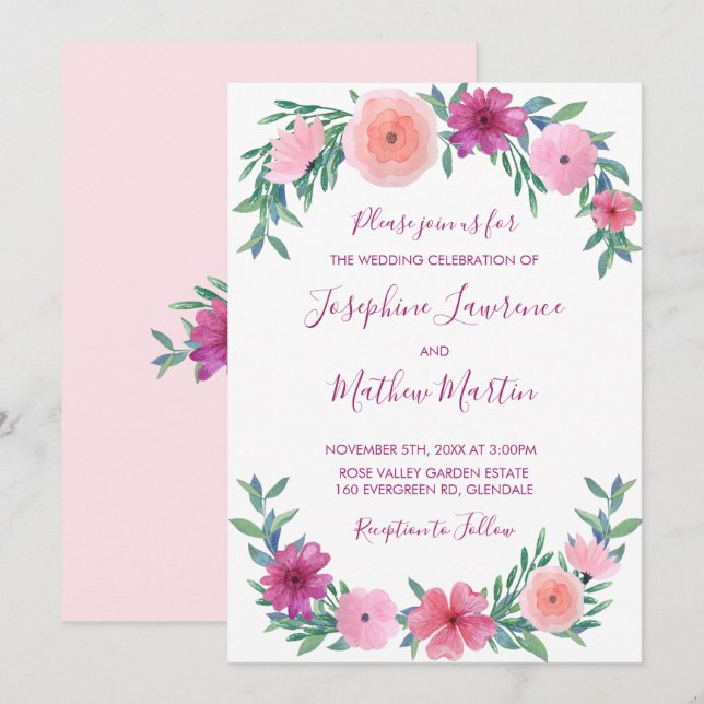 Aquarelle rose Fleurs mariage Invitations (Devant / Derrière)