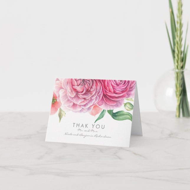 Aquarelle rose Fleurs Merci de mariage élégant (Devant)