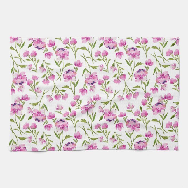 Aquarelle rose Fleurs Serviette de cuisine (Horizontal)