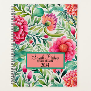 Aquarelle rose Floral annuel Planner Hardcover