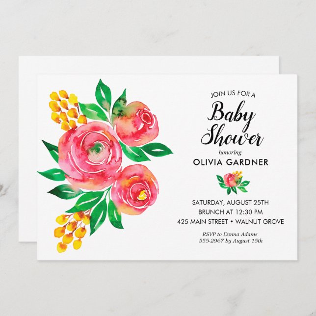Aquarelle rose Floral Baby Shower Invitations (Devant / Derrière)