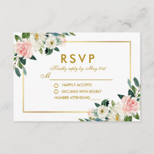 Aquarelle rose floral blanc mariage or RSVP Pk