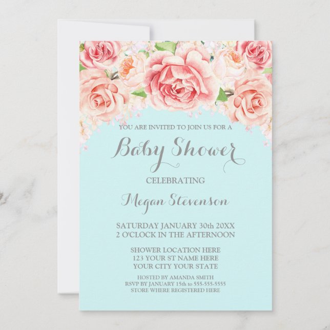 Aquarelle rose Floral Blue Baby shower Invitation (Dos)