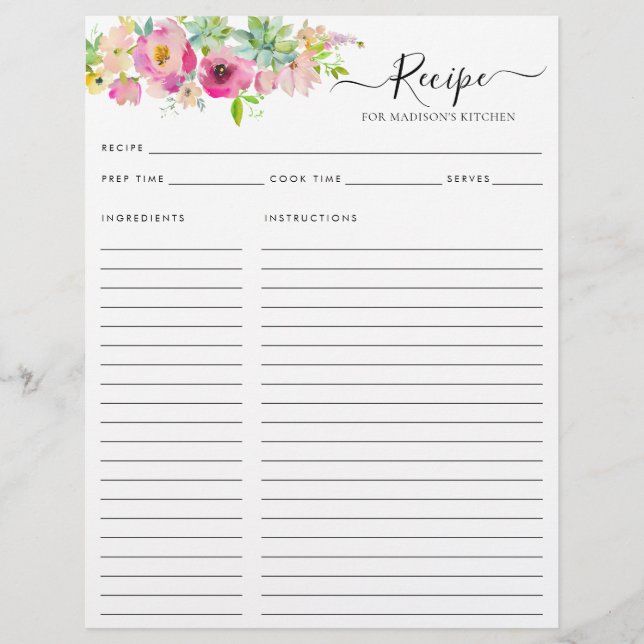 Aquarelle rose floral Cactus Recette de cuisine (Devant)