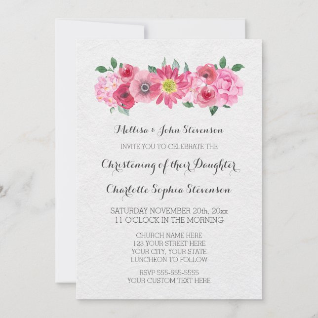 Aquarelle rose Floral Christening Invitation (Dos)