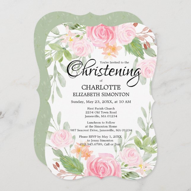 Aquarelle rose Floral Christening Invitations (Devant / Derrière)