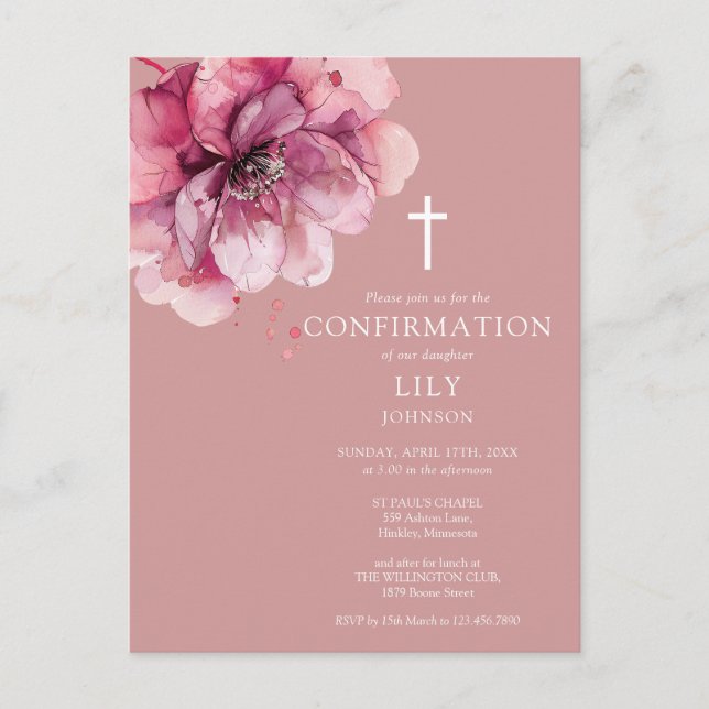 Aquarelle rose Floral Confirmation Invitation (Devant)