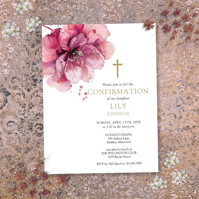 Aquarelle rose Floral Confirmation Invitation (Watercolor Pink Floral Confirmation Invitation Postcard)