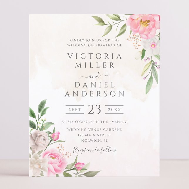Aquarelle rose Floral Élégant Mariage Invitation (Créateur téléchargé)