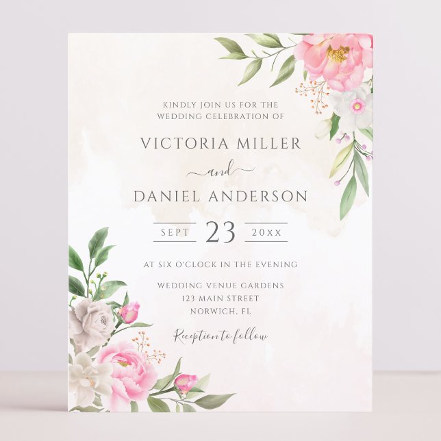 Aquarelle rose Floral Élégant Mariage Invitation (Créateur téléchargé)