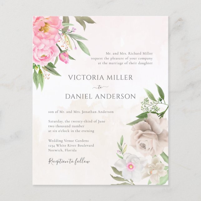 Aquarelle rose Floral Élégant Mariage Invitation (Devant)