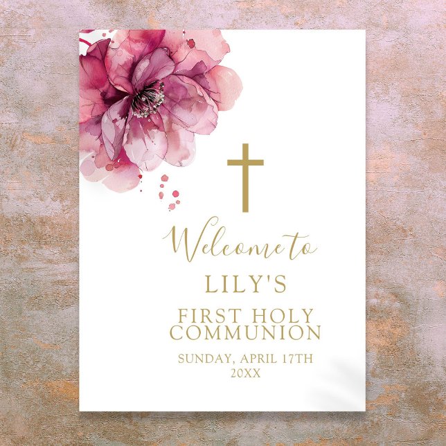 Aquarelle rose Floral Holy Communion Affiche de bi (Pink Watercolor Floral Holy Communion Welcome Sign)