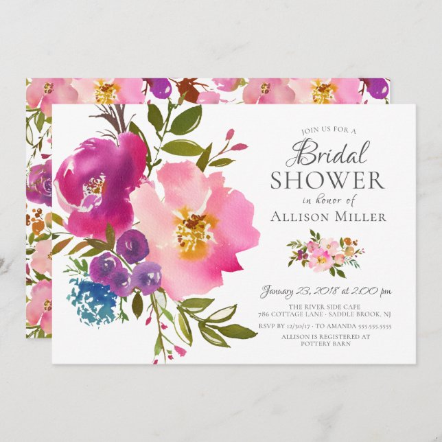 Aquarelle rose Floral Invitations de douche nuptia (Devant / Derrière)