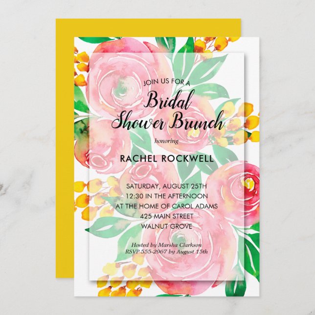 Aquarelle rose Floral Invitations de douche nuptia (Devant / Derrière)