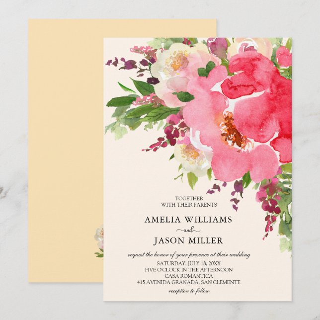 Aquarelle rose Floral Invitations de mariage (Devant / Derrière)