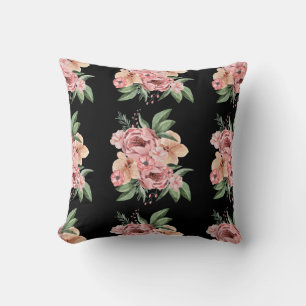 Aquarelle rose Floral jardin coussin noir
