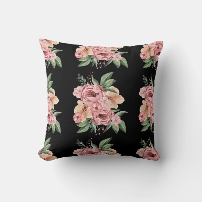 Aquarelle rose Floral jardin coussin noir (Recto)