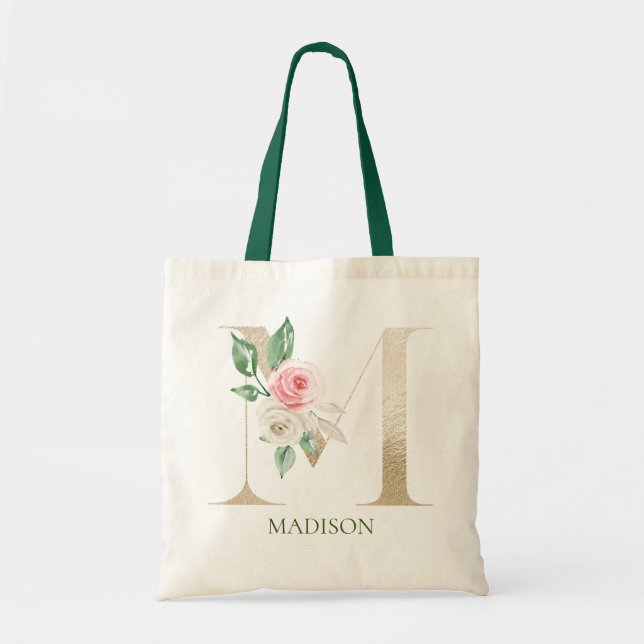 Aquarelle rose Floral M Monogramme Sac fourre-tout (Devant)