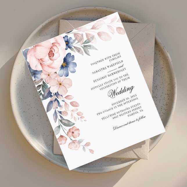 Aquarelle rose florale Faire-part de mariage verdo (Watercolor Floral Pink Script Modern Wedding Invitation)