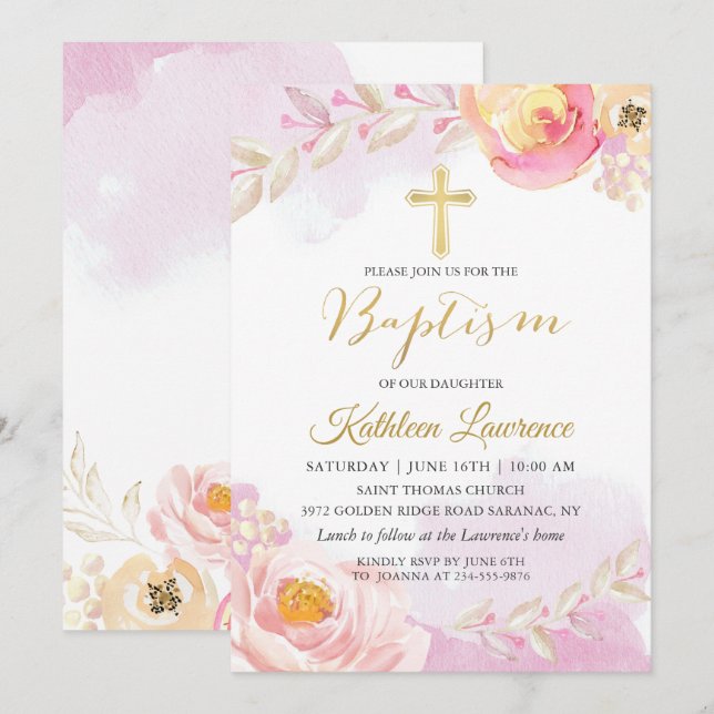 Aquarelle rose florale fille Baptême Invitation (Devant / Derrière)