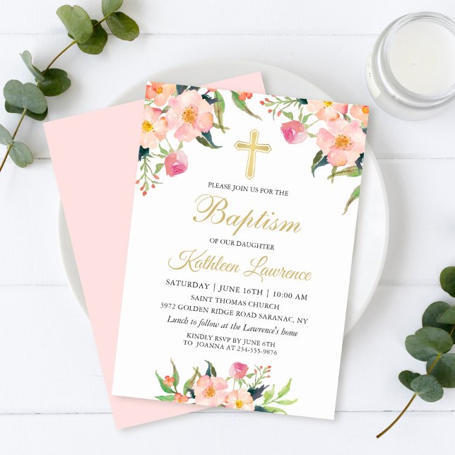 Aquarelle rose florale fille Baptême Invitation (Créateur téléchargé)