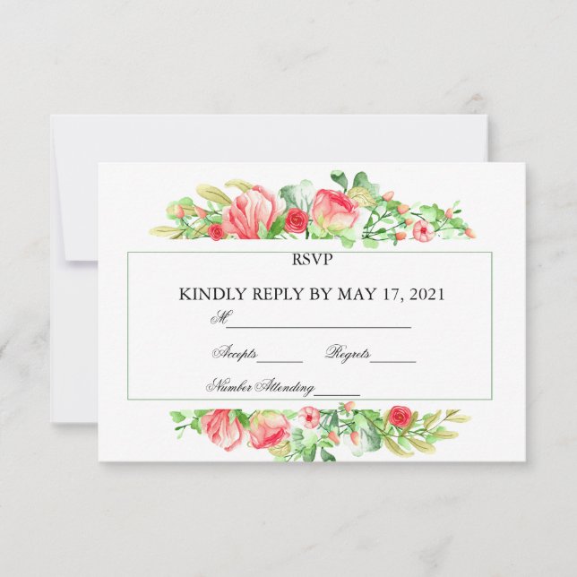 Aquarelle Rose Garden Bouquet Rose Carte RSVP (Devant)