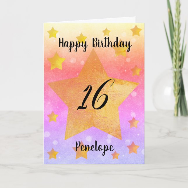 Aquarelle Rose Gold Stars Carte 16e anniversaire (Devant)