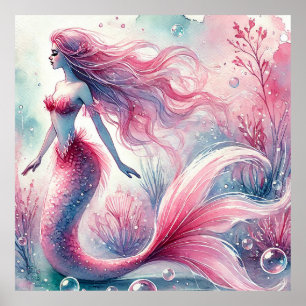 Aquarelle rose Grosse Sirène Poster d'Art Mur