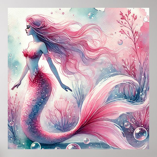 Aquarelle rose Grosse Sirène Poster d'Art Mur (Devant)